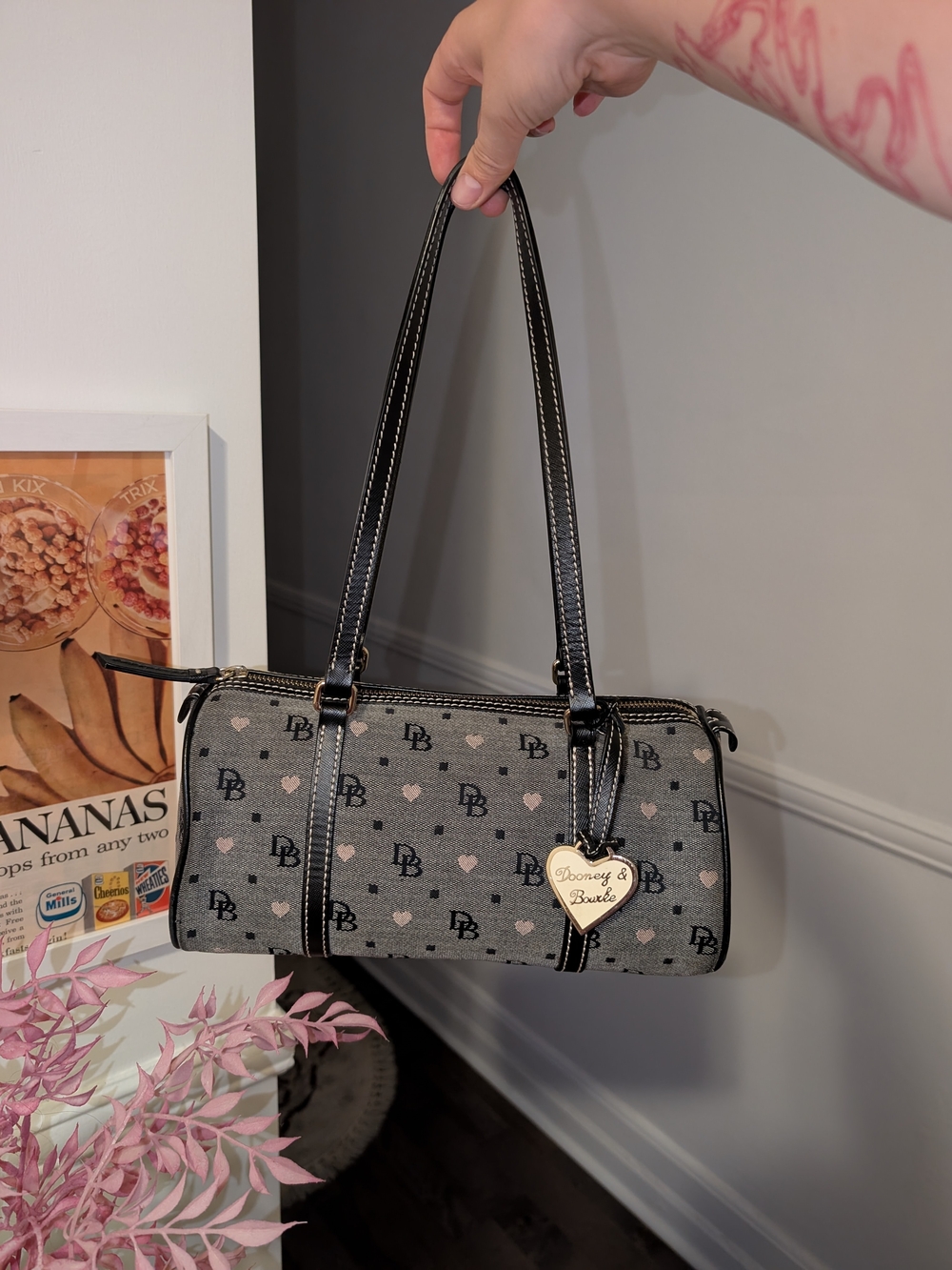 Vintage Dooney & Bourke Gray Heart Print Barrel Bag